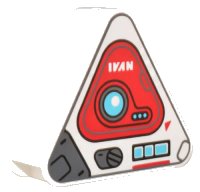 LEGO part Duplo, Brick 1 x 3 x 2 Triangle Road Sign with Red and Dark Bluish Gray Mechanical Panel, Medium Azure Buttons, and White 'IVAN' Pattern 42025pb17