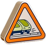 LEGO onderdeel Duplo, Brick 1 x 3 x 2 Triangle Road Sign with Orange Border and Dark Blue, Lime and Yellowish Green Crossing Train Pattern 42025pb18
