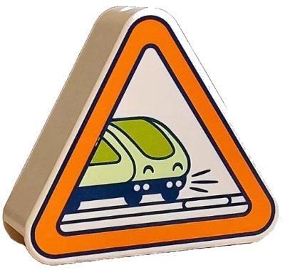 LEGO onderdeel Duplo, Brick 1 x 3 x 2 Triangle Road Sign with Orange Border and Dark Blue, Lime and Yellowish Green Crossing Train Pattern (42025pb18)