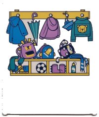 LEGO part Glass for Window 1 x 6 x 6 Flat Front with Dark Azure, Dark Turquoise, Medium Lavender and Yellow Coats, Jackets, Umbrella, School Bags, Shoes and Soccer Ball Pattern 42509pb10