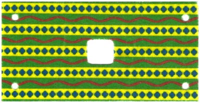 LEGO onderdeel Cloth Rectangle 6 x 12 with 2 x 2 Cutout, Holes at Corners, Green and Yellow Stripes with Red Wavy Lines and Blue Diamonds Elephant Saddle Pattern (43905)