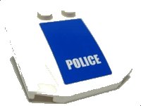 LEGO part Wedge 4 x 4 x 2/3 Triple Curved with White 'POLICE' on Blue Background Pattern (Sticker) - Set 7741 45677pb002