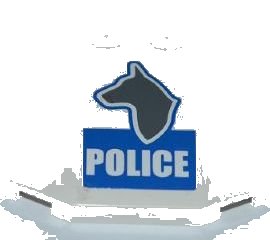 LEGO part Wedge 4 x 4 x 2/3 Triple Curved with Dog Head and White 'POLICE' on Blue Background Pattern (Sticker) - Set 7285 (45677pb051)