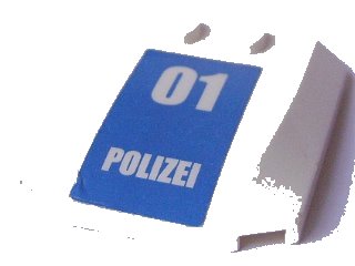 LEGO onderdeel Wedge 4 x 4 x 2/3 Triple Curved with White '01 POLIZEI' on Blue Background Pattern (Sticker) - Set 7744 (45677pb068)