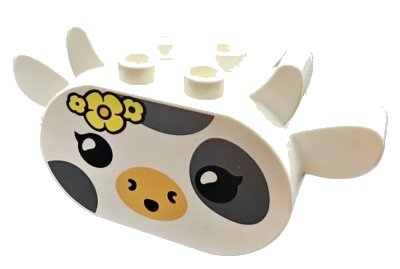 LEGO onderdeel Duplo, Brick 2 x 6 x 2 1/2 Rounded Ends with Ears and Horns Attached with Dark Bluish Gray Spots, Black Eyes, Medium Tan Muzzle, Bright Light Yellow Flowers, Cow Head Pattern (4797pb01)