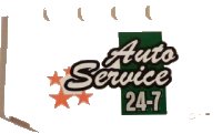 LEGO part Wedge 4 x 6 x 2/3 Triple Curved with 'Auto Service 24-7' and Orange Stars on White Background Pattern (Sticker) - Set 60081 52031pb089