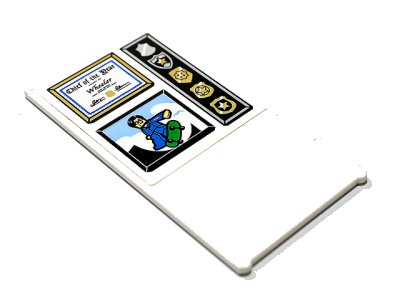 LEGO part Glass for Window 1 x 4 x 6 with 'Chief of the Year Wheeler' Certificate in Frame, Gold Police Badges and Minifigure on Green Skateboard Pattern (Sticker) - Set 60246 (57895pb152)