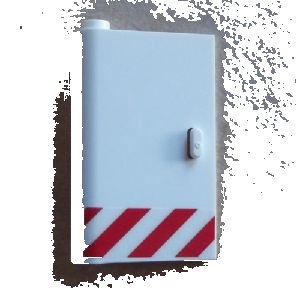 LEGO onderdeel Door 1 x 3 x 4 Left - Open Between Top and Bottom Hinge with Red Danger Stripes Pattern (Sticker) - Set 60023 (58381pb09)