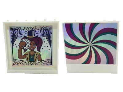 LEGO onderdeel Panel 1 x 6 x 5 with Dark Turquoise and Magenta Swirls on Silver Background on Outside and Camila with Top Hat and Playing Cards on Inside Pattern Model Left Side (Stickers) - Set 41685 (59349pb256L)