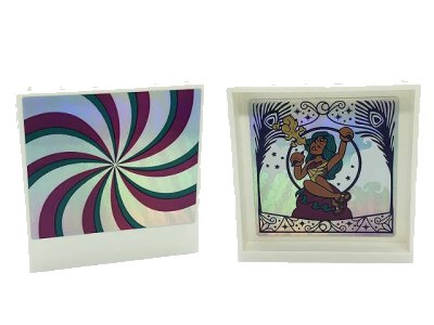 LEGO onderdeel Panel 1 x 6 x 5 with Dark Turquoise and Magenta Swirls on Silver Background on Outside and Claire Breathing Fire in Ring on Inside Pattern Model Right Side (Stickers) - Set 41685 (59349pb256R)