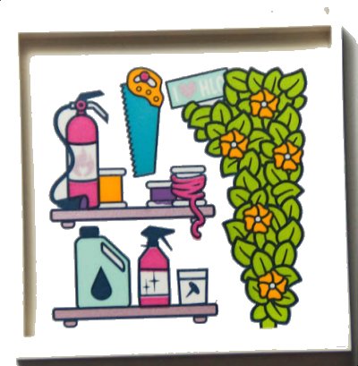 LEGO onderdeel Panel 1 x 6 x 5 with Saw, Plant with Lime Leaves, 'I Heart HLC' Sign, and Shelves with Fire Extinguisher and Accessories Pattern (Sticker) - Set 41395 (59349pb292)