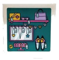 LEGO part Panel 1 x 6 x 5 with Shelf, Mirror, Handbags, Necklaces, Shoes and Price Tags on Dark Turquoise Background Pattern (Sticker) - Set 41450 59349pb318