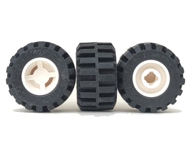 LEGO part Wheel 11mm D. x 12mm, Hole Notched for Wheels Holder Pin with Black Tire 21mm D. x 12mm - Offset Tread Small Wide, Band Around Center of Tread (6014b / 87697) (6014bc05)
