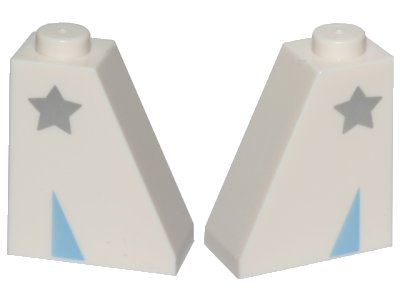 LEGO part Slope 65 2 x 1 x 2 with Silver Star and Bright Light Blue Triangle Pattern on Both Sides (Disco Kitty Shoe) (60481pb007)