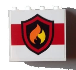LEGO onderdeel Panel 1 x 4 x 3 with Side Supports - Hollow Studs with Black and Yellow Fire Logo Badge on White Background Pattern (Sticker) - Set 60004 / 60110 (60581pb016)