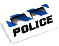 LEGO part Slope, Curved 2 x 4 x 2/3 without Bottom Tubes with 2 Air Intakes, 'POLICE' and Blue and White Danger Stripes Pattern (Sticker) - Set 7970 61068pb008