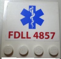 LEGO part Tile, Modified 4 x 4 with Studs on Edge with Red 'FDLL 4857' and Blue EMT Star of Life Pattern (Sticker) - Set 4857 6179pb011