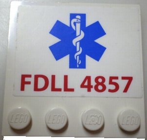 LEGO onderdeel Tile, Modified 4 x 4 with Studs on Edge with Red 'FDLL 4857' and Blue EMT Star of Life Pattern (Sticker) - Set 4857 (6179pb011)
