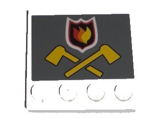LEGO part Tile, Modified 4 x 4 with Studs on Edge with Fire Logo Badge and Crossed Yellow Axes on Dark Bluish Gray Background Pattern (Sticker) - Set 7208 (6179pb032)