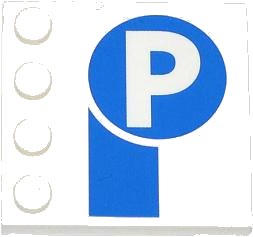 LEGO onderdeel Tile, Modified 4 x 4 with Studs on Edge with Thick Blue Stripe and Capital Letter P in Circle Pattern (Sticker) - Set 4207 (6179pb068)