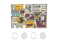 LEGO part Tile, Modified 4 x 4 with Studs on Edge with Bulletin Board with Posters, Advertisements with Pull Strips, Coupons, 'Andy Sax', 'Lessons', 'Ace' Pattern 6179pb214