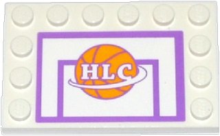 LEGO onderdeel Tile, Modified 4 x 6 with Studs on Edges with Basketball Backboard with Ball and 'HLC' Pattern (Sticker) - Set 41005 (6180pb074)