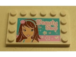LEGO onderdeel Tile, Modified 4 x 6 with Studs on Edges with Girl and 'Beauty Shop' Pattern (Sticker) - Set 3187 (6180pb076)