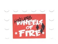 LEGO part Tile, Modified 4 x 6 with Studs on Edges with Black 'HaRLEy'S' Graffiti over White 'WHEELS OF FIRE' Pattern (Sticker) - Set 76035 6180pb091
