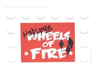 LEGO onderdeel Tile, Modified 4 x 6 with Studs on Edges with Black 'HaRLEy'S' Graffiti over White 'WHEELS OF FIRE' Pattern (Sticker) - Set 76035 (6180pb091)