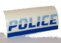 LEGO part Slope, Curved 1 x 4 x 1 1/3 with Bright Light Blue and Blue 'POLICE' Pattern 6191pb023