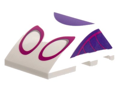 LEGO part Wedge 4 x 3 Triple Curved No Studs with Magenta Eye Outlines, Dark Purple Trim Pattern (64225pb050)