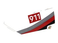 LEGO part Technic, Panel Fairing #17 Large Smooth, Side A with White '911' on Red Rectangle and Gray, Red and Black Curved Stripes Pattern (Sticker) - Set 42096 64392pb031