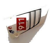LEGO part Technic, Panel Fairing #18 Large Smooth, Side B with White '911' on Red Rectangle, Vents, Red Letter E, Blue Letter N Pattern (Sticker) - Set 42096 64682pb029