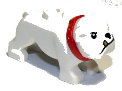 LEGO onderdeel Dog, Bulldog with Molded Red Collar and Printed Black Eyes, Eyebrows, Nose and Mouth, and Gold Tooth Pattern (65388pb01)
