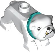 LEGO part Dog, Bulldog with Molded Dark Turquoise Collar and Printed Black Eyes, Eyebrows, Nose and Mouth, and Gold Tooth Pattern 65388pb03