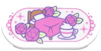 LEGO part Tile, Round 2 x 4 Oval with Dark Pink Bed, Roses, Sparkles and Striped Tea Cup Pattern 66857pb057