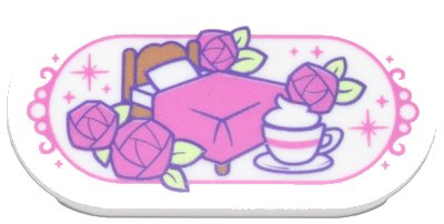 LEGO part Tile, Round 2 x 4 Oval with Dark Pink Bed, Roses, Sparkles and Striped Tea Cup Pattern (66857pb057)