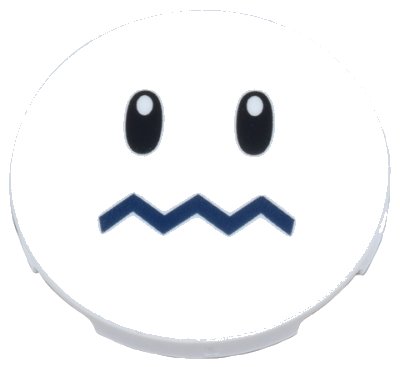 LEGO onderdeel Tile, Round 3 x 3 with Black Oval Eyes with Pupils and Dark Blue Zigzag Mouth Pattern (67095pb042)