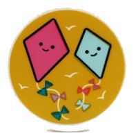 LEGO part Tile, Round 3 x 3 with Dark Pink and Light Aqua Diamond Shaped Kites with Faces on Yellow Background Pattern (Sticker) - Set 41450 67095pb045