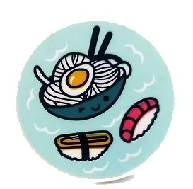 LEGO onderdeel Tile, Round 3 x 3 with Sushi, Ramen Noodles and Chopsticks in Bowl on Light Aqua Background Pattern (Sticker) - Set 41450 (67095pb047)
