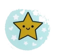 LEGO onderdeel Tile, Round 3 x 3 with Yellow Star with Face, Hearts and Stars on Light Aqua Background Pattern (Sticker) - Set 41450 67095pb050