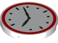 LEGO onderdeel Tile, Round 3 x 3 with Clock Face with Red Border and Black Hands Pattern 67095pb072