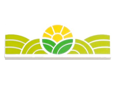 LEGO part Tile 2 x 6 with Bright Green and Lime Hills and Yellow Sun Pattern (69729pb034)