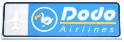LEGO onderdeel Tile 2 x 6 with Dark Azure and Dark Blue Sign, Silver Airplane, White and Yellow Bird and 'Dodo Airlines' Pattern (69729pb119)