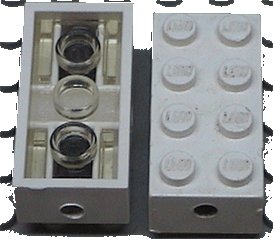 LEGO part Brick, Modified 2 x 4 with Wheels Holder, Trans-Clear Bottom (7049c02)