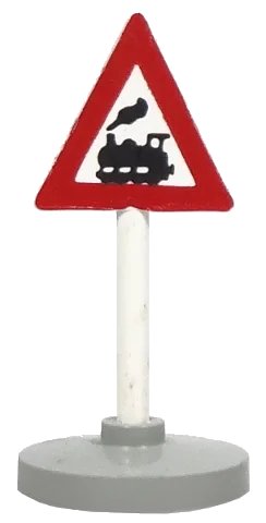 LEGO onderdeel Road Sign with Post, Triangle with Train Engine Traveling Left Pattern, Type 2 Base (747pb03c02L)