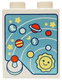 LEGO part Duplo, Brick 1 x 2 x 2 with Bottom Tube with Solar System, Bright Light Yellow, Light Aqua and Reddish Orange Stars, Planet, Sun and Joystick on Metallic Light Blue Background Pattern 76371pb270