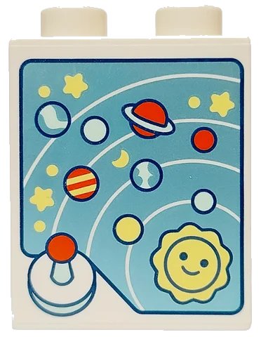 LEGO onderdeel Duplo, Brick 1 x 2 x 2 with Bottom Tube with Solar System, Bright Light Yellow, Light Aqua and Reddish Orange Stars, Planet, Sun and Joystick on Metallic Light Blue Background Pattern (76371pb270)
