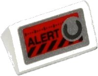 LEGO onderdeel Slope 30 1 x 2 x 2/3 with 'ALERT', Black Danger Stripes and Silver Knob on Red Background Pattern (Sticker) - Set 70161 85984pb059