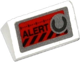 LEGO onderdeel Slope 30 1 x 2 x 2/3 with 'ALERT', Black Danger Stripes and Silver Knob on Red Background Pattern (Sticker) - Set 70161 (85984pb059)